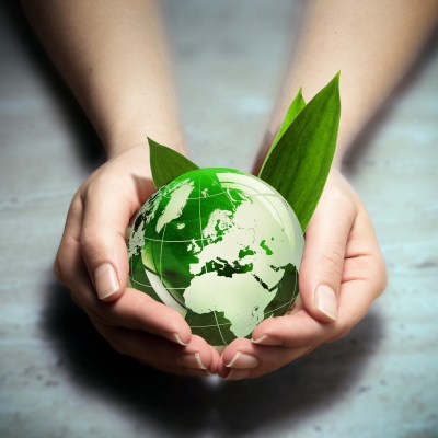 Woman holds green planet model.